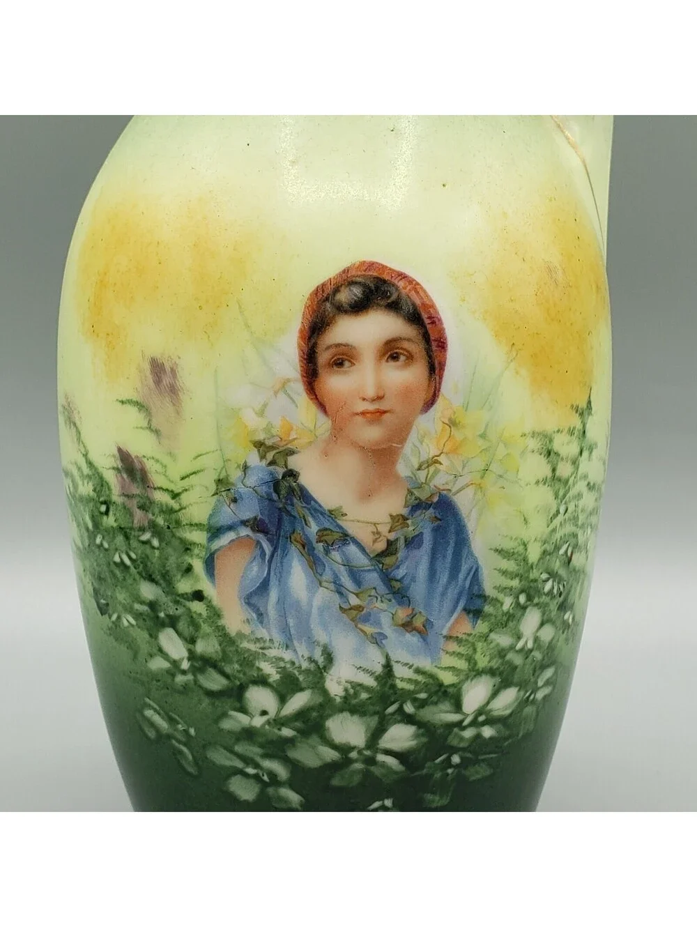 Vintage Austria Ewer Vase Maiden in Field of Flowers Green Pitcher Jug Porcelain